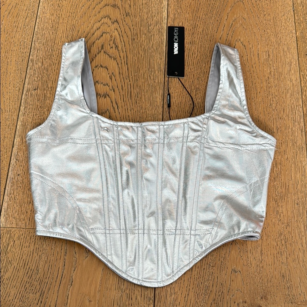Fashion Nova Silver Metallic Corset Crop Top